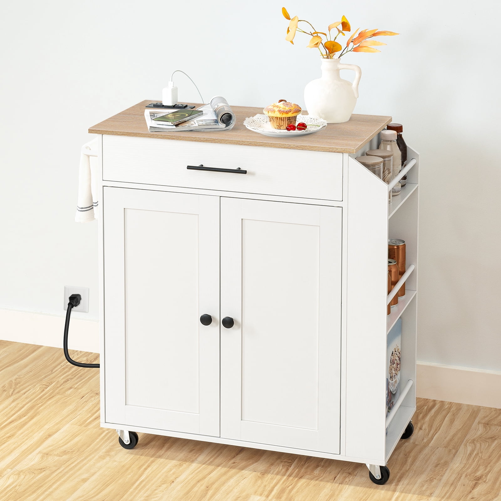 HOOBRO Kitchen Island with Power Outlet, Kitchen Storage Island with Spice Rack and Drawer, Rolling Kitchen on Wheels, for Home, Dining Room, Natural and White WN82UZD01G1
