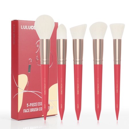 LULUCOLORS 5-Piece Face Makeup Brush Set – Precision Brushes for Flawless Application and Blending (5 Face Red)