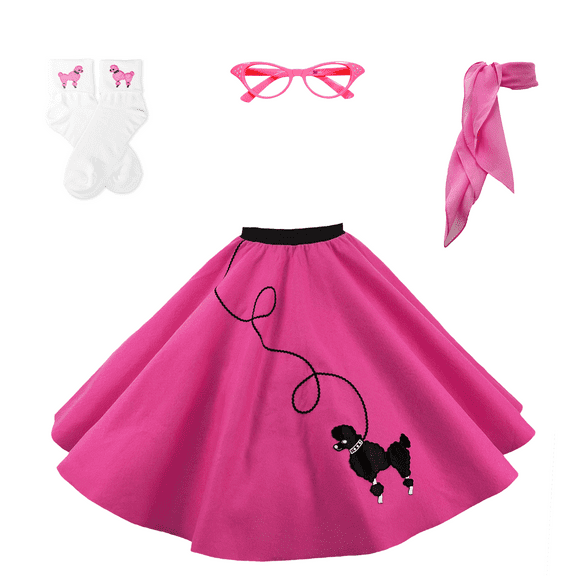 Hip Hop 50's Shop 1950s Adult 4 Piece Poodle Skirt Costume Outfit for Women with Accessories (glasses, socks, scarf) (XLarge/2XLarge Hot Pink)