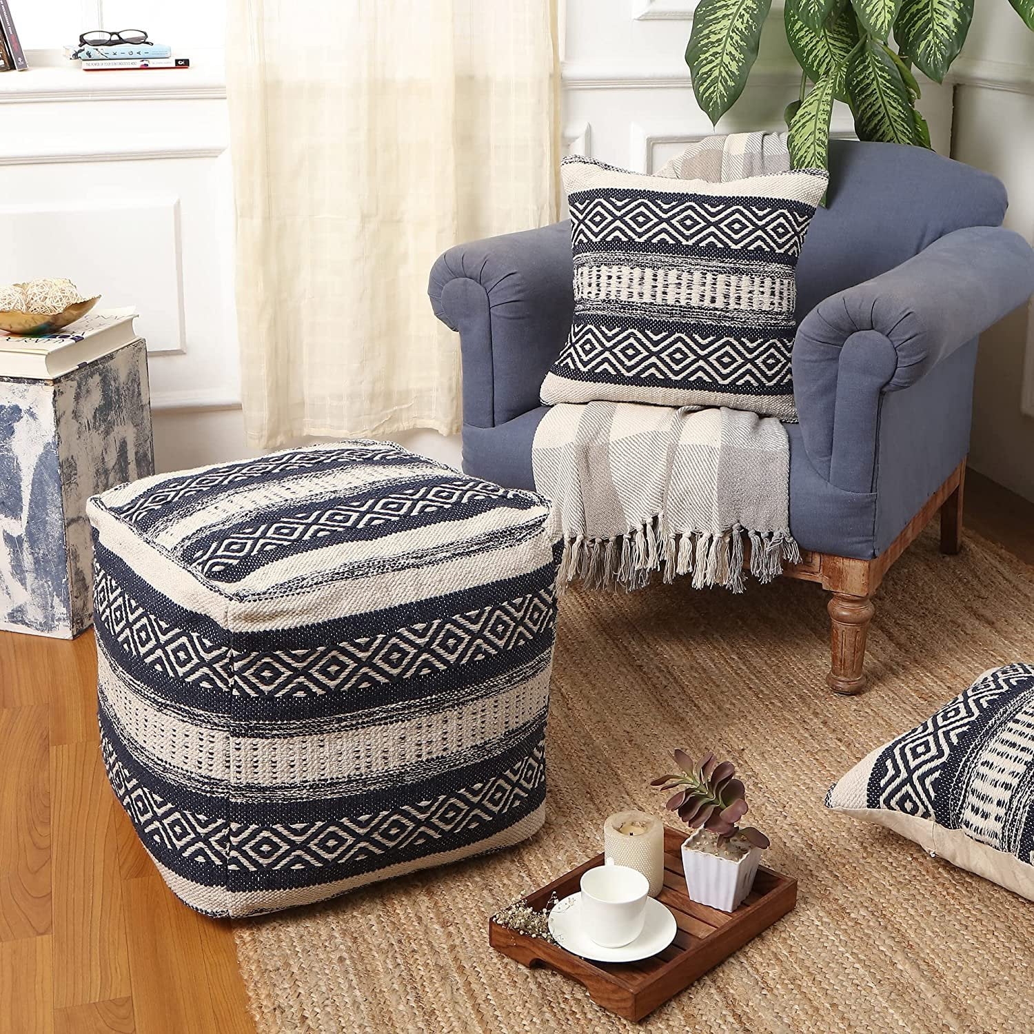 UNSTUFFED Pouf Ottoman Cover REDEARTH Textured Storage Cube Bean Bag Poof Pouffe Accent Chair Seat Footrest for Living Room Bedroom Patio Gym 100 Cotton 18 X18 X18 Indigo Impressions Walmart