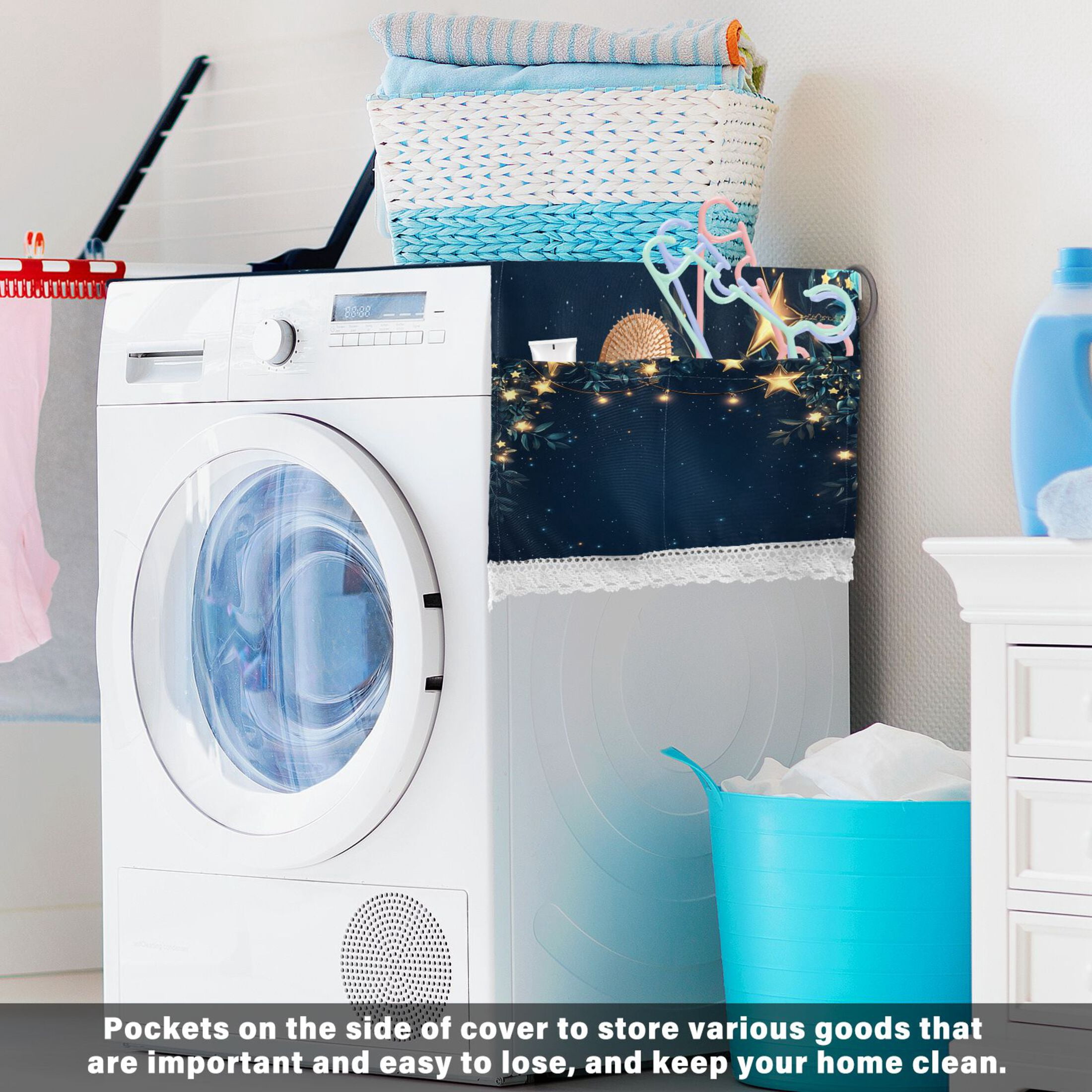 Stars on A Dark Blue SkyWasher and Dryer Covers Dust-Proof and Oil Resistant Fridge Cover with 4 Storage Pockets Washing Machine Top Cover for Laundry Kitchen Home 51.2 x 22 In