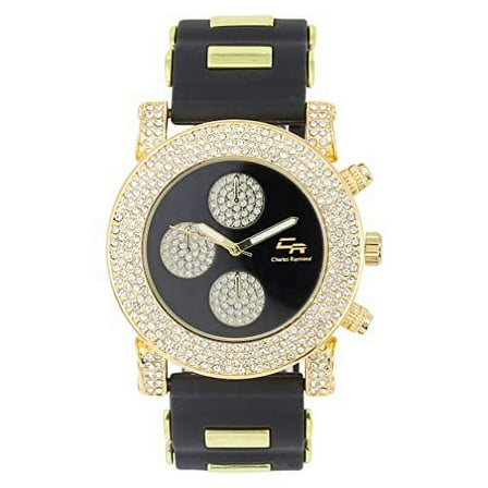 Classic Bullet Rubber Blinged Out Hip Hop Watch w/a Touch of Casual Sporty Colorful Faux Chrono 3 Eyes - Playful MF Iced Out Watch on The House Dance Floor - ST10248 Black/Blk-Bling Eyes
