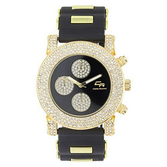 Classic Bullet Rubber Blinged Out Hip Hop Watch w/a Touch of Casual Sporty Colorful Faux Chrono 3 Eyes - Playful MF Iced Out Watch on The House Dance Floor - ST10248 Black/Blk-Bling Eyes