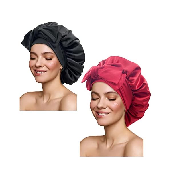 wonima11 Satin Silk Hair Bonnets for Sleeping - Large Bonnets with Tie Band & Adjustable Straps - Night Sleep Caps for Women - Curly Braid Hair (Black, Wine Red)