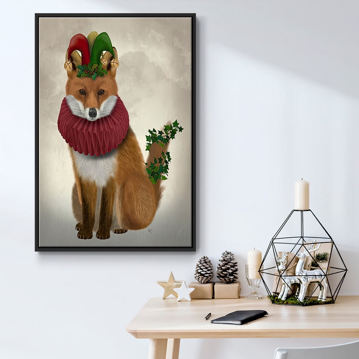 Christmas Holly and Ivy Fox - Framed Gallery Wrapped Holiday Canvas - 27 x 41 - Black Frame
