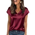 thumbnail image 3 of Women Silk Satin Tops Cap Short Sleeve Blouse V Neck Shirts Business Casual Outfits Wine Red S, 3 of 7
