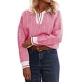 thumbnail image 2 of Long Sleeve Women Color Block Lapel V-neck Knit Sweater Pullovers, 2 of 6