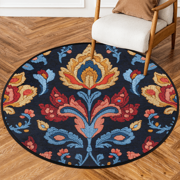 CURLYOOT Round Rug 3ft Vintage Floral Area Rug, Washable Circle Mat Non Slip Floor Carpet Mat, Mexican Soft Indoor Rugs for Entryway Living Room Dining Room Bedroom