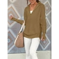 thumbnail image 5 of Women'S Long Sleeve Quarter Zip Pullover Sweater Casual Loose V Neck Collared Ribbed Knit Tops Brown M, 5 of 8