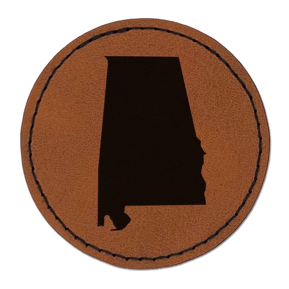Alabama State Silhouette 2.5" Faux Leather Round Engraved Iron-On Patch - Brown