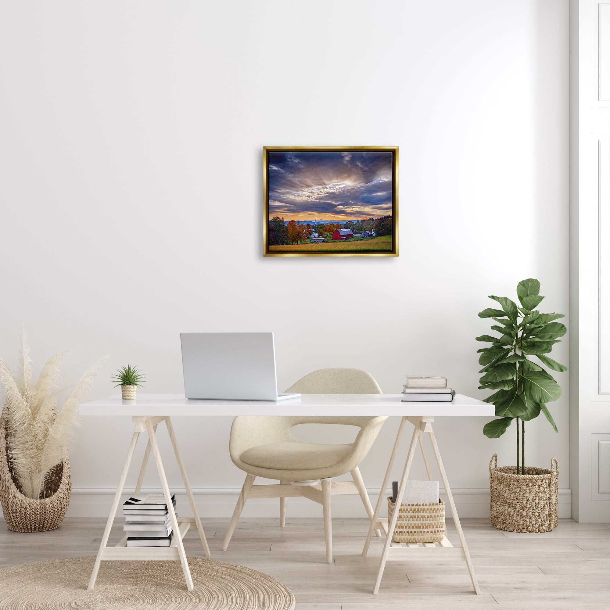 Stupell Rural Farm Pasture Sun Rays Landscape Photography Gold Floater Framed Art Print Wall Art
