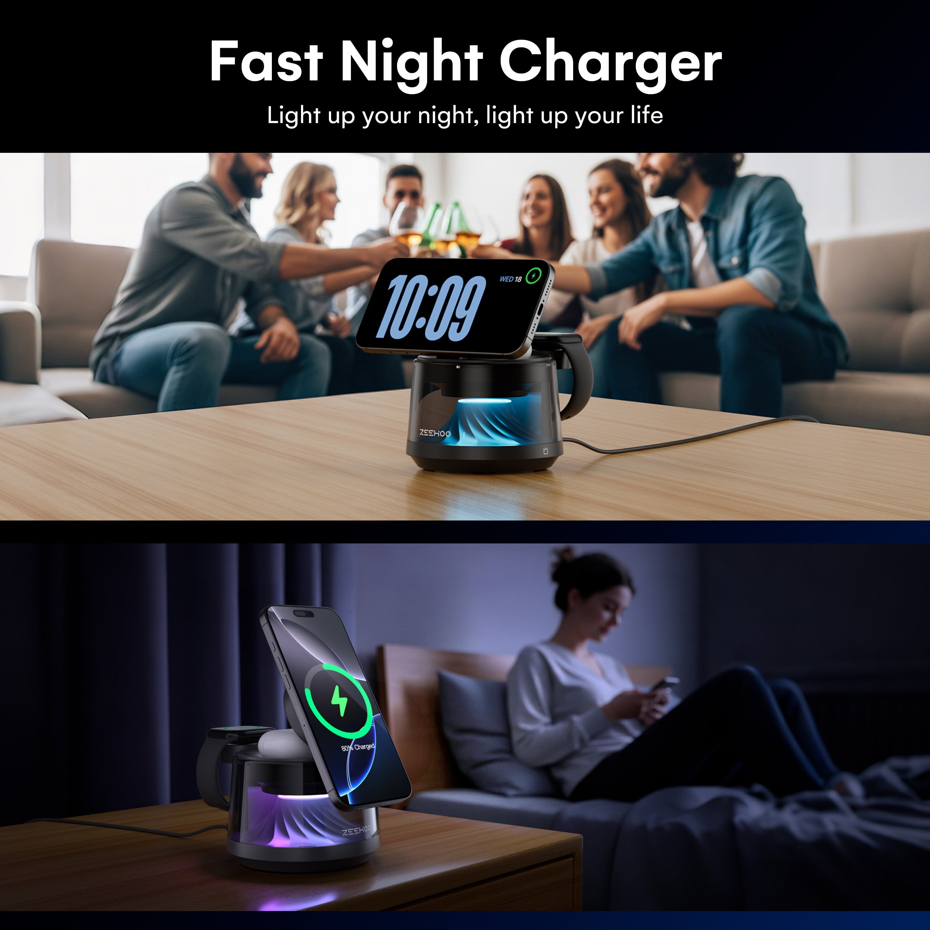 ZEEHOO 4-in-1 Wireless Charging Station with Night Light – 15W Fast Charger Stand for iPhone, AirPods & Apple Watch, Multi-Mode LED Lamp with Warm Light, RGB Flow & Breathing Colors