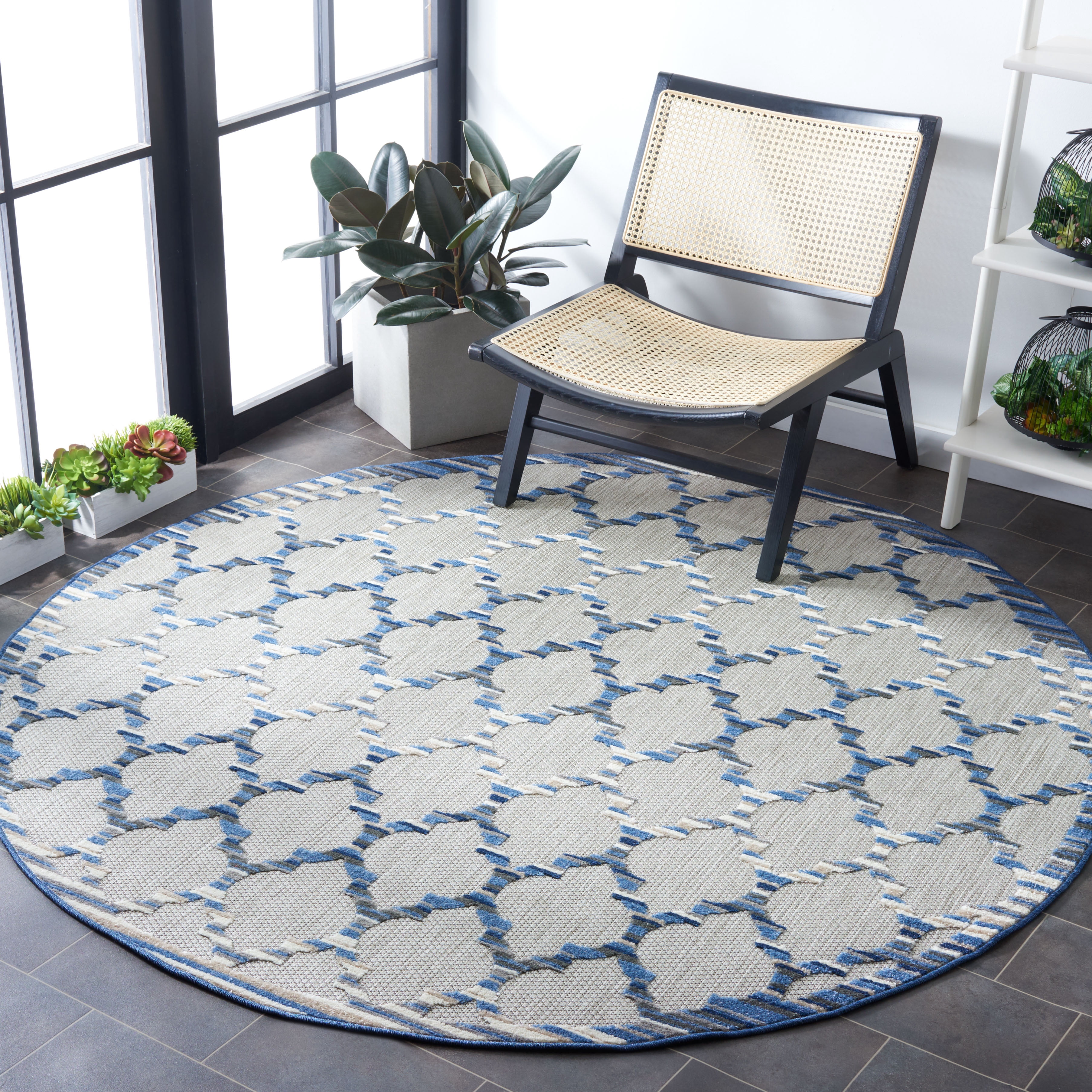 SAFAVIEH Cabana Burke Geometric Indoor/Outdoor Area Rug, Grey/Blue, 6'7" x 6'7" Round