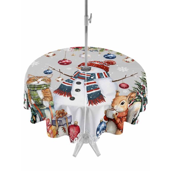 Outdoor Tablecloth with Umbrella Hole and Zipper, Grey Christmas Round Table Cloth 54 Inch Waterproof Tablecloth, Winter Snowman Poinsettia Pine Tree Ball Picnic Table Cover for Patio Camping