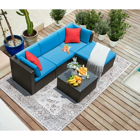 LACOO 5 Pieces Patio Sectional Set PE Rattan All-Weather Conversation Set with Table Blue 83" L x 55" W X 25" H