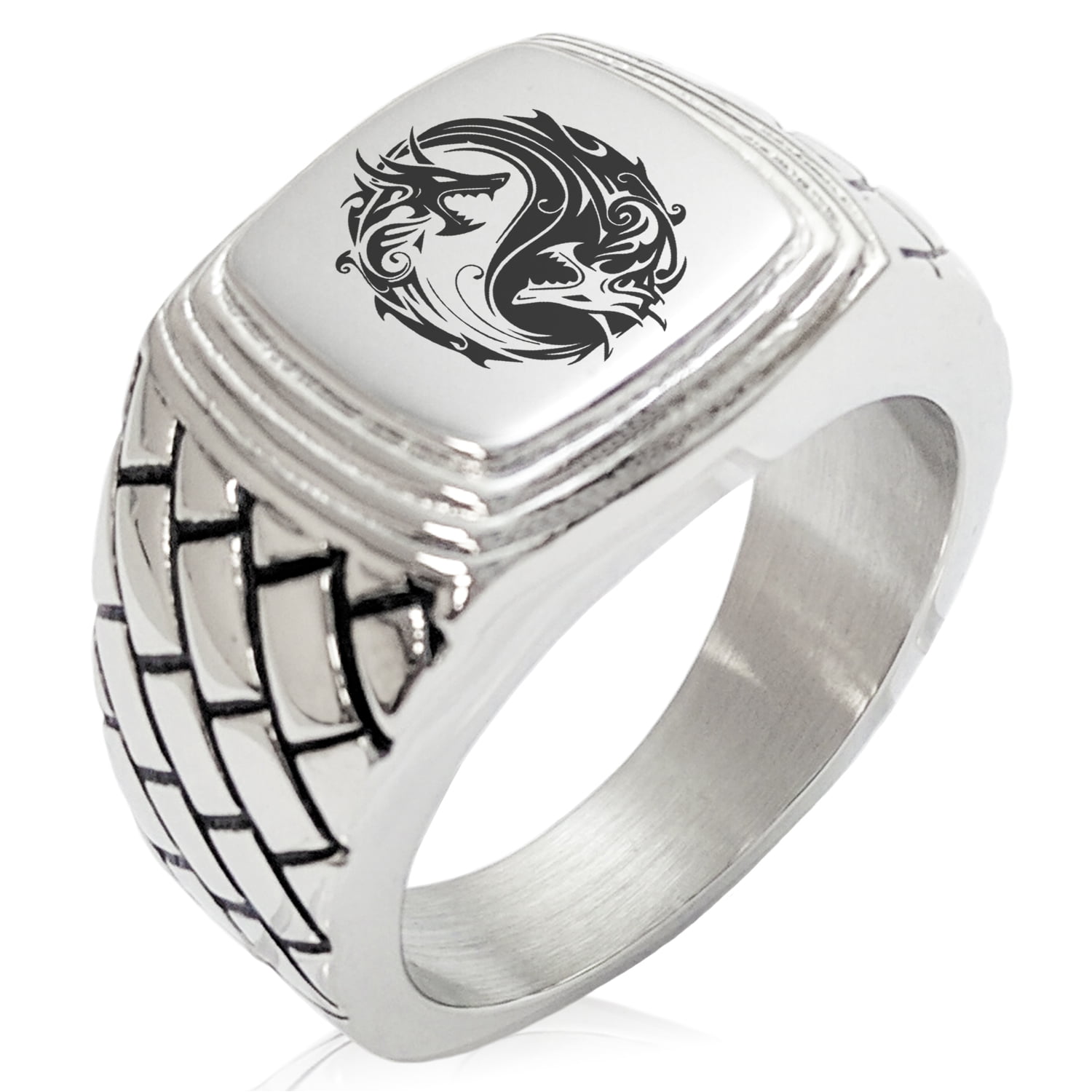 Stainless Steel Dragon Yin Yang Symbol Mens Square Biker Style Signet Ring 