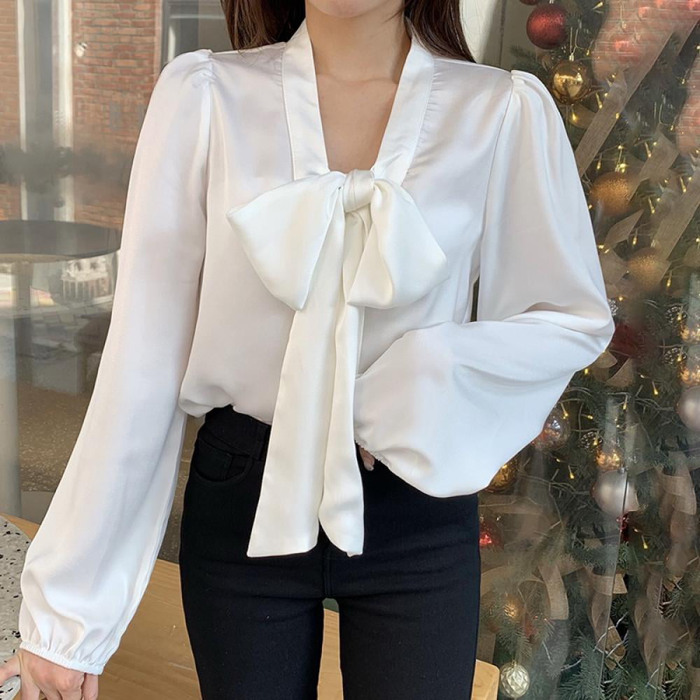 Women Floral Lace Long Sleeve Shirt Blouse Ruffle High Collar Office Lady Casual