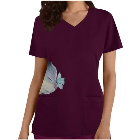 

Solid Scrubs Tops Uniform Women Healthcare Tunic Uniform Tunic Tops Short Sleeve V-Neck Tops Easter Blouse Medic Cute Animal Cat Hospital Doctor Workwear Holiday T-Shirt with Pockets