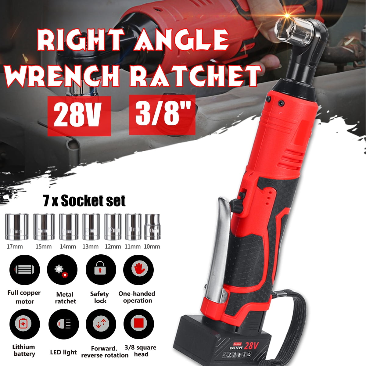 2 x 1500mAh Batteries 28V 3//8 Electric Cordless Ratchet Right Angle Wrench DIY Tool w//Reverse /& Forward Function