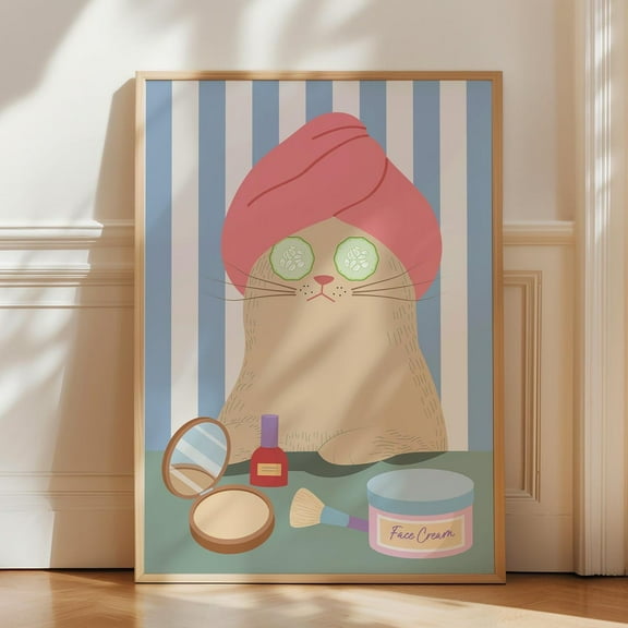 Cool Cat After Bath Poster, Bathroom Wall Art, Dressing Room Decor, Trendy Decor, Funky Cat Lover Print, Retro Wall Art, Wall Art Decor For Home Office, 8x12 UNFRAMED