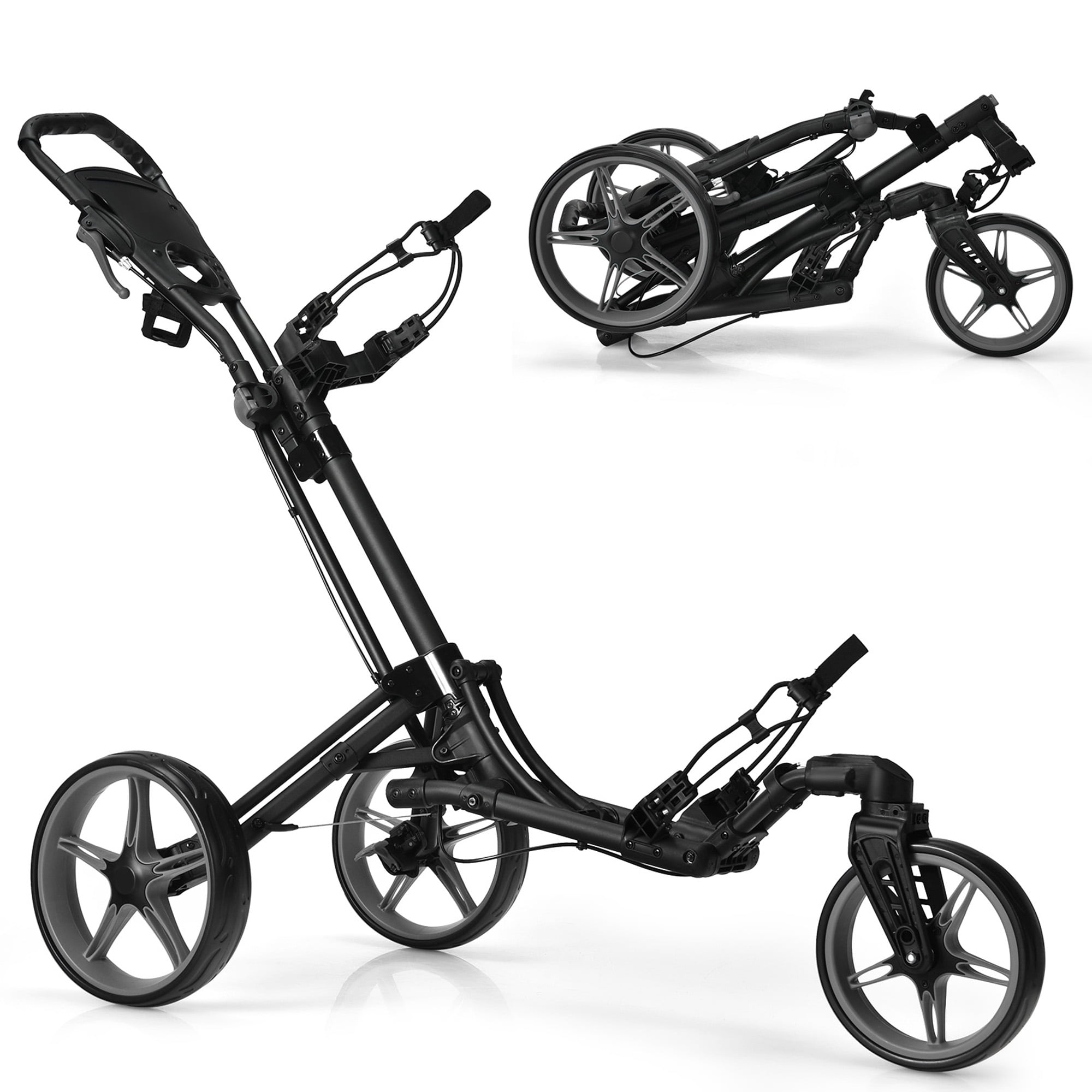Gymax Foldable 3-Wheel Golf Push and Pull Cart Trolley with Adjust Handle Brake, Gray