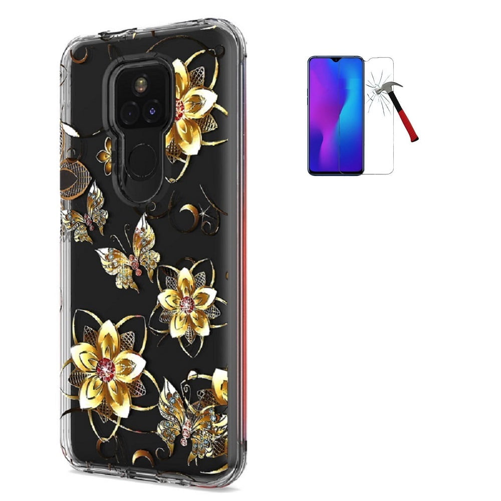 Phone Case for Motorola Moto G Play (2021)/ Cricket Wireless Moto G Play, Design Transparent Shock-Resistant Hybrid Case Cover + Tempered Glass (Gold Butterfly)