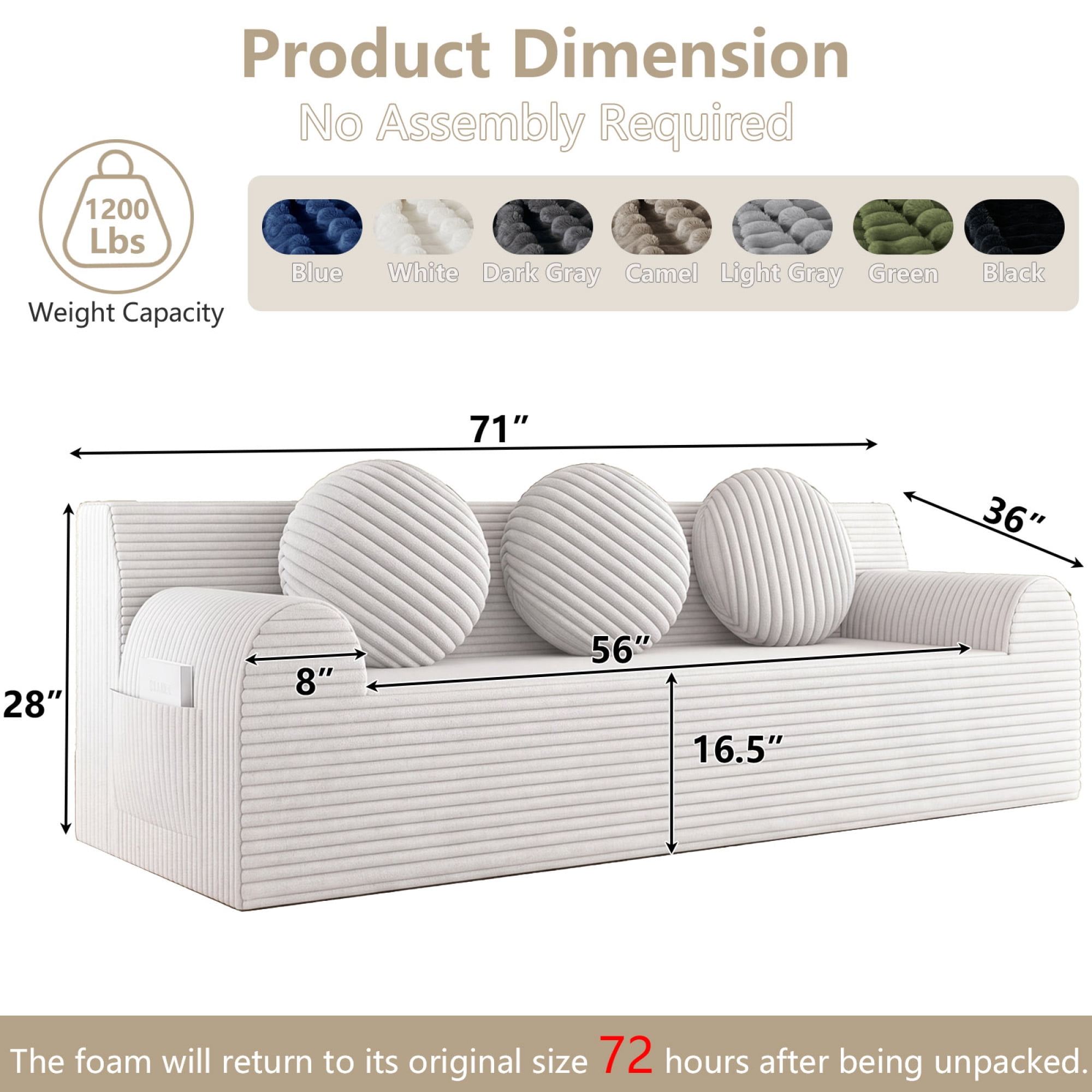 HOQBN Boneless Sofa Couch for Living Room,71" 3 Seater Sofa with Deep Seat Design and 3 Round Pillows,Comfy Corduroy Fabric Loveseat Couch,No Assembly,Cream White