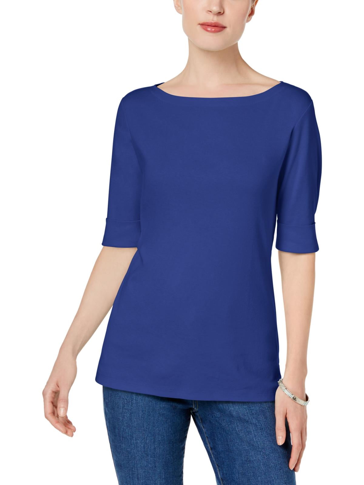 Karen Scott Karen Scott Womens Cuff Sleeve Boat Neck TShirt