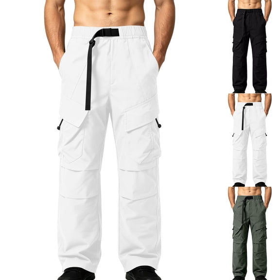 Men's Loose Straight Leg Casual Hiking Pants, Cargo Trousers, Full Length, Elastic Waist With Pockets, Lightweight, Quick Dry, Polyester, Outdoor Camping, Travel, Daily Wear