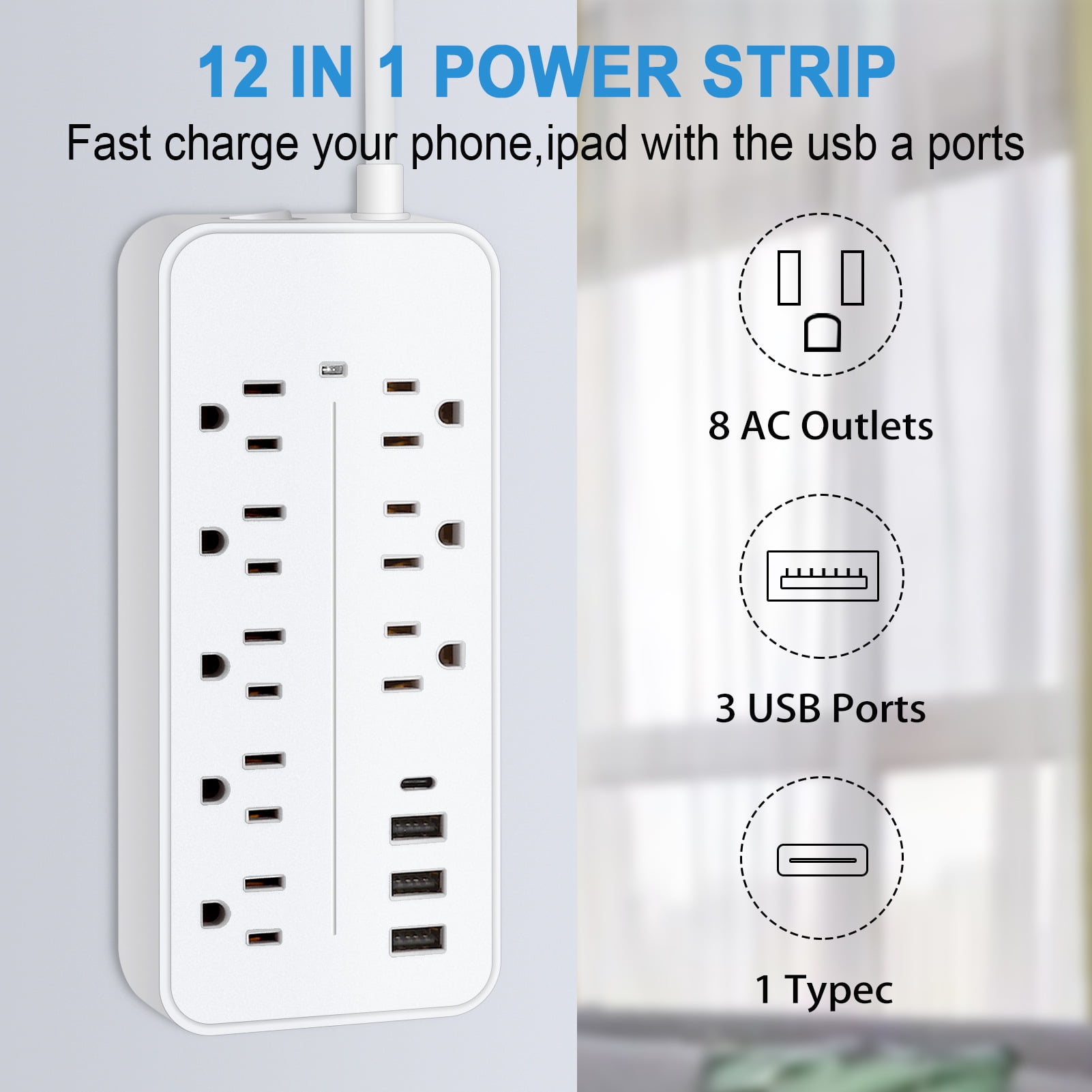 12-in-1  Protector Power Strip Extension Cord Flat Plug Power Strip With Long Cord 8 Outlets And 3 USB &amp; 1  Port 1700J Wall Mount Desk Power Strip For Home Office