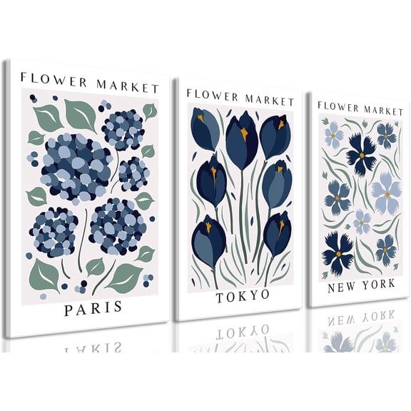 Hieng Navy Blue Wall Art Canvas Abstract Floral Painting Blue and Gray Posters Flower Decor Wildflower Pictures Botanical Prints for Living Room Bedroom Bathroom