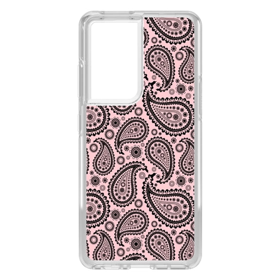 DistinctInk Clear Shockproof Hybrid Case for Galaxy S21 ULTRA 5G (6.8" Screen) - TPU Bumper, Acrylic Back, Tempered Glass Screen Protector - Black & Pink Paisley