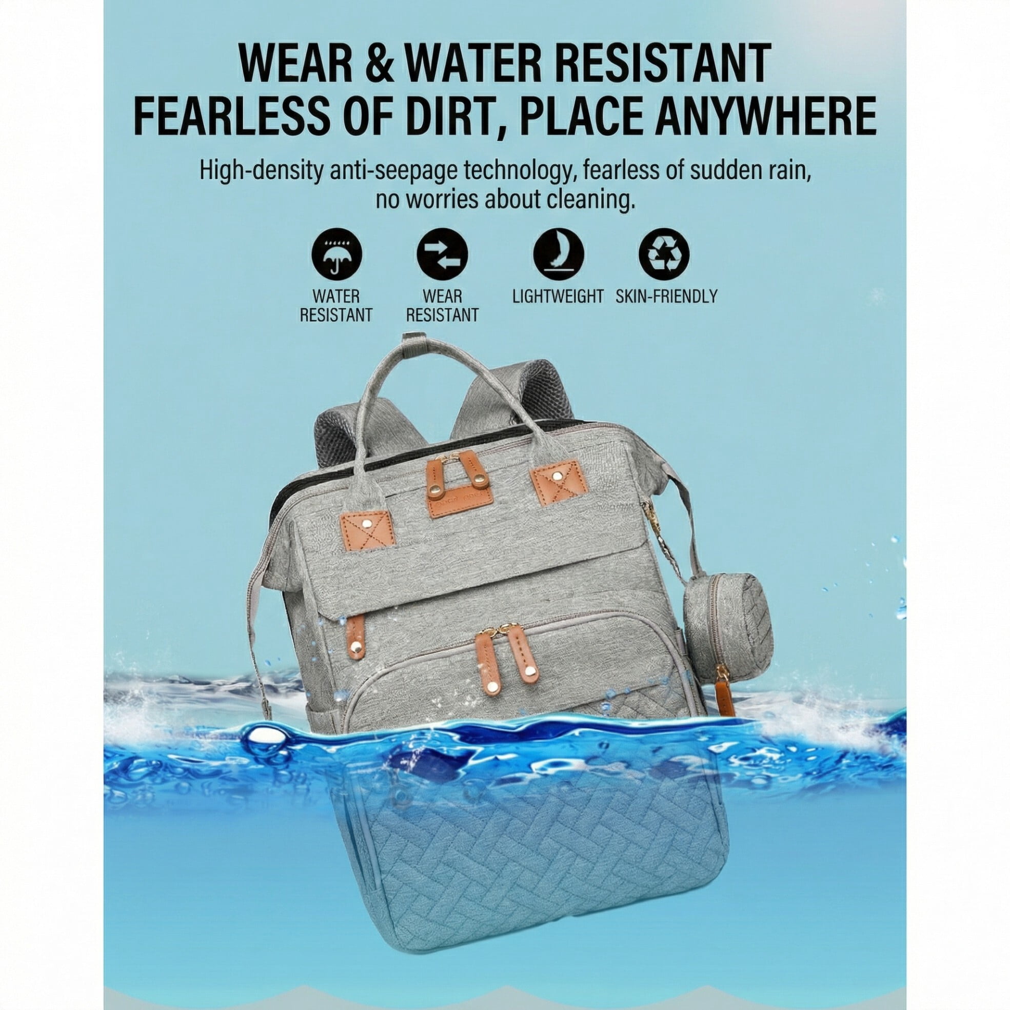Multi-functional diaper backpack with changing pad, foldable crib, insulated bag, and USB charging port. A large-capacity travel bag suitable for parents, in gray.