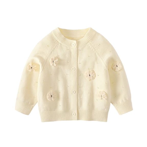 Rggeeun Toddler Girls Sweaters Handmade 3D Floral Detail Knit Cardigan Round Neck Long Sleeve Soft Thermal Pullover For Baby And Kids Youthful Tops,Beige,100