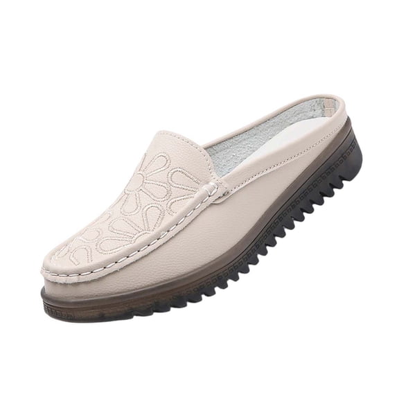 Viluyesy Loafers for Womens, Fashion Floral Faux Leather Round Toe Comfortable Casual Slip On Shoes Beige US7.5