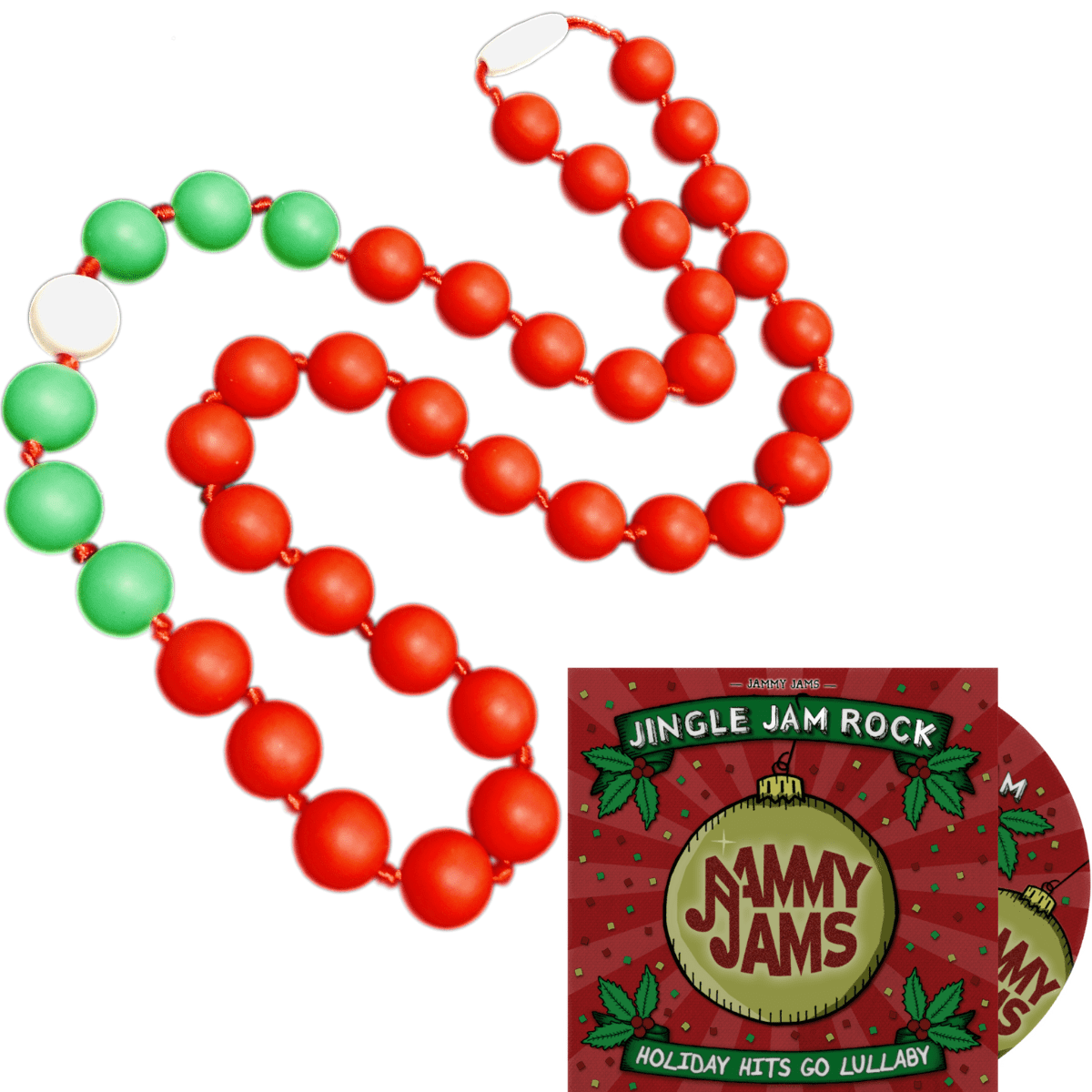 Holiday Party Lola Teething Necklace w/Jammy Jams Candy Cane Red Holiday Hits Go Lullaby Download Card 