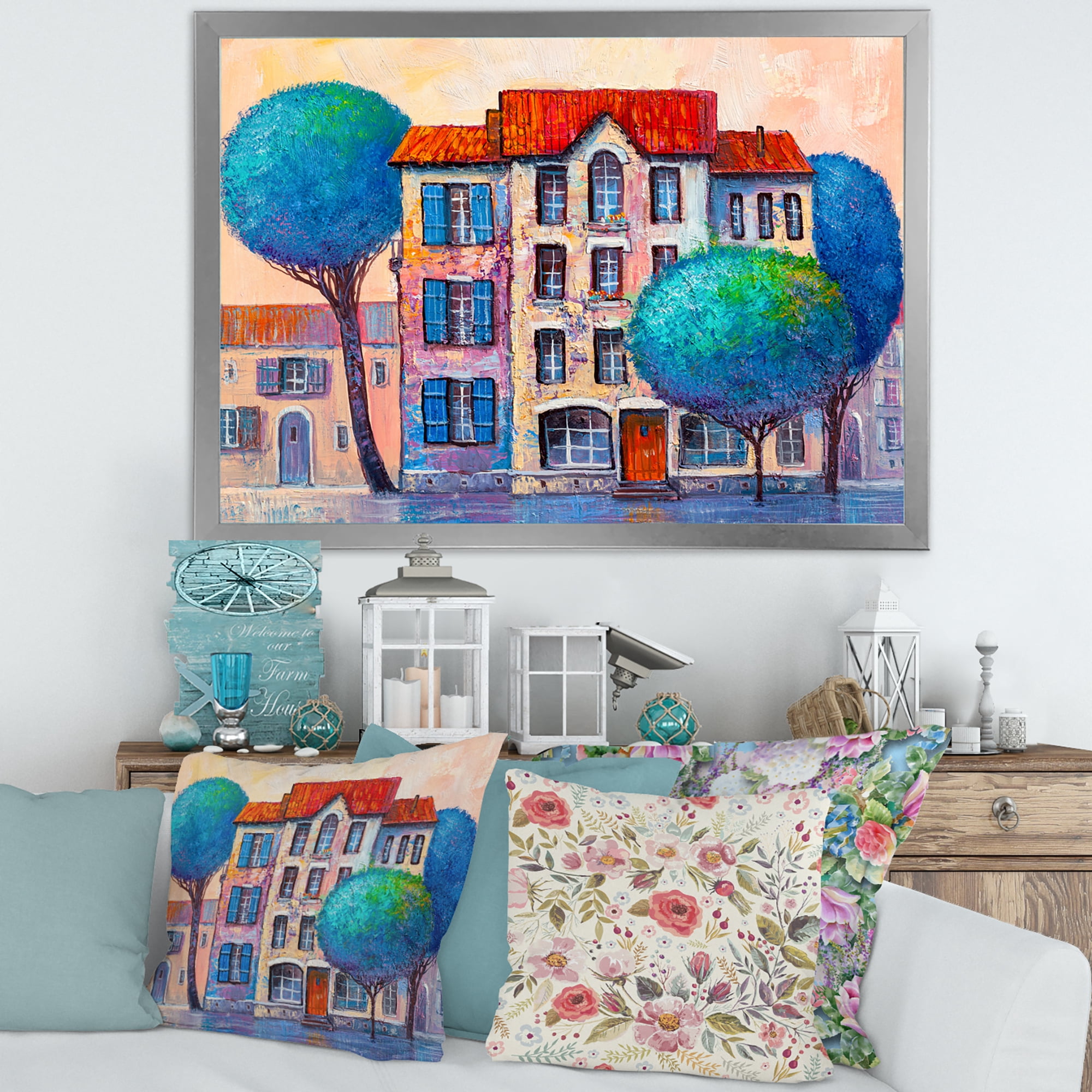 Designart 'Colorful Autumn Trees and A House With Red Roof' Modern Framed Art Print
