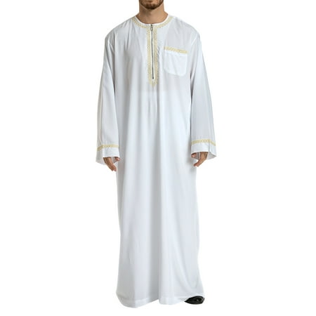 

Islamic Thobe Round Collar Embroidery Long Sleeve Middle Eastern Arab Muslim Wear Robe Clothes for Men Size XXXL (White)