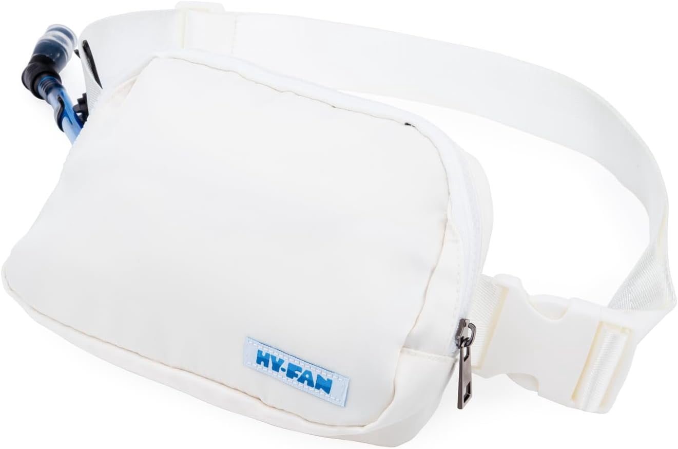 HY-FAN Hydration Fanny Pack with Bladder, 17oz BPA-Free, Hands-Free Design, Secure Pockets, Ideal for Athletic Outdoor Activities, Travel and More - White