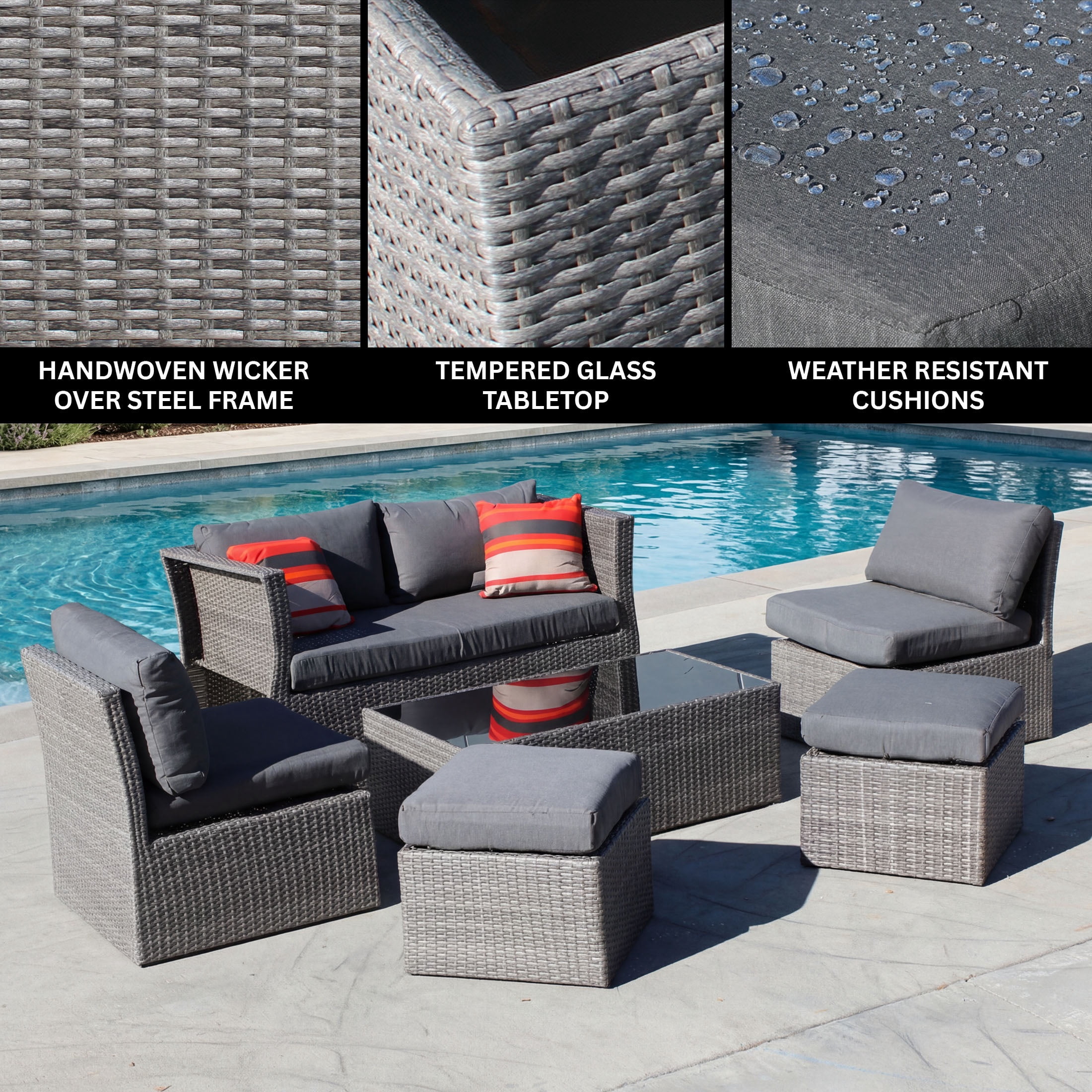 Belle Patio Sunset 6-Piece Wicker Outdoor Patio Furniture Conversation Set with 6 Seats, Tempered Glass Coffee Table & Gray Cushions