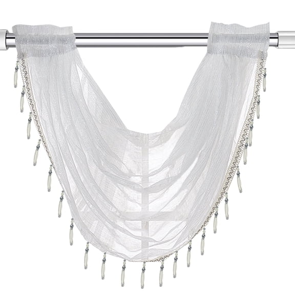 Graceful White Sheer Valances for Windows, Semi Swag Curtains with Hanging Crystal Beads for Bedroom Small Window, 57 x 37" Window Curtain for Cafe Home Living Room