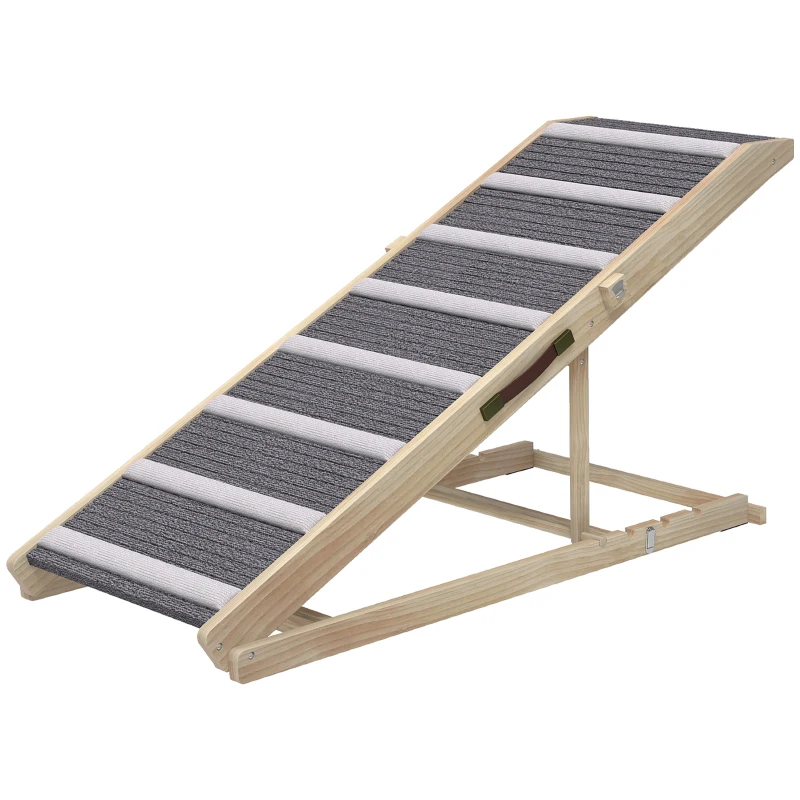 Foldable Pet Ramp for Dog & Cat, 4 Adjustable Height, Solid Pine Wood Pet Ramp with 900GSM Non-Slip Carpet, Portable Gentle Incline Climbing Ramp for Bed Sofa Car, Supports Up to 110 lbs