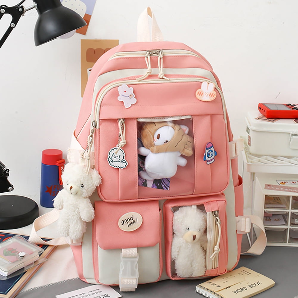 Sanmadrola 5PCS School Backpacks Cute Plush Bear Backpack Set with Pendants and Pins Accessories Kawaii Laptop Bag School Bags, Pink