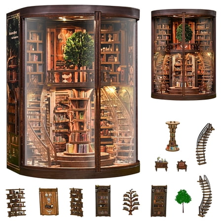 Wisdom Rings Book Repository DIY Book Nook Kit for Adults, 3D Wooden Puzzle Miniature Library Bookshelf Insert Bookend Decor with LED Light and Dust Cover, Touch Switch, Gift for Avid Readers