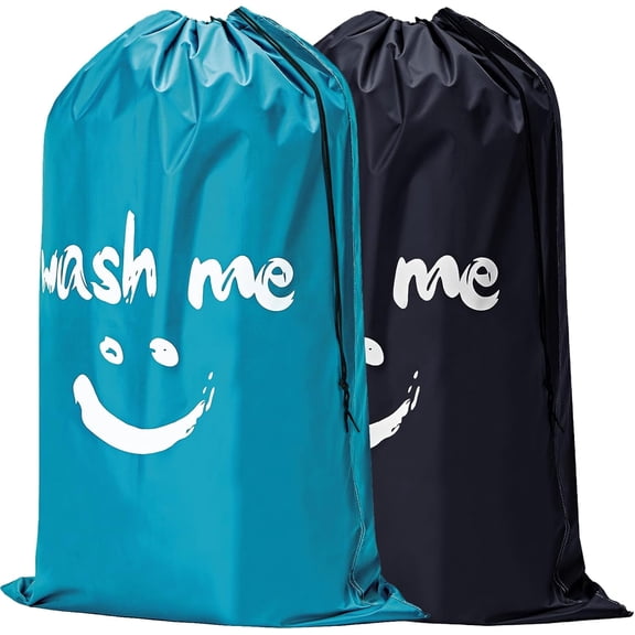 2 Pack XL Travel Laundry Bags, Wash Me Dirty Clothes Organizer Fits Hamper & Clothing Basket, Black & Sky Blue