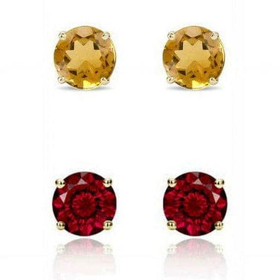 Bonjour Jewelers 24k Yellow Gold Plated 2Ct Created Citrine And Garnet 2 Pair Round Stud Earrings