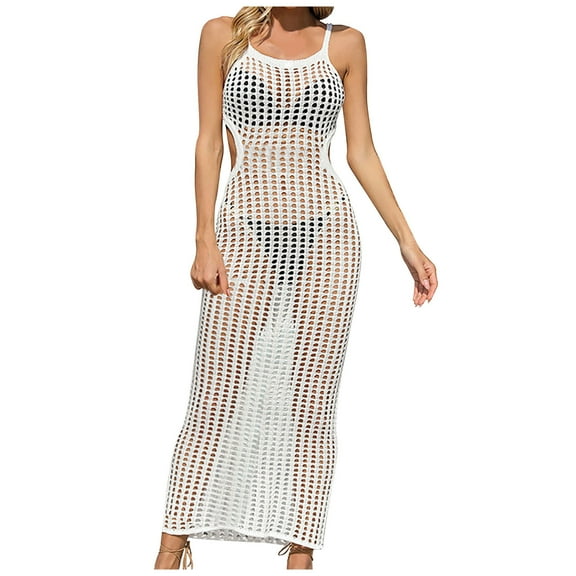 Swimsuit Coverup for Women Sleeveless Hollow Out Loose Round Neck Summer Beach Vacation Sun Shirt Cover-Up Long Dress White,Free Size