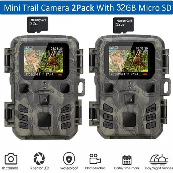 2 Pack Mini Hunting Trail Camera 24MP 1080P Night Vision Low Glow Cam 32GB Card