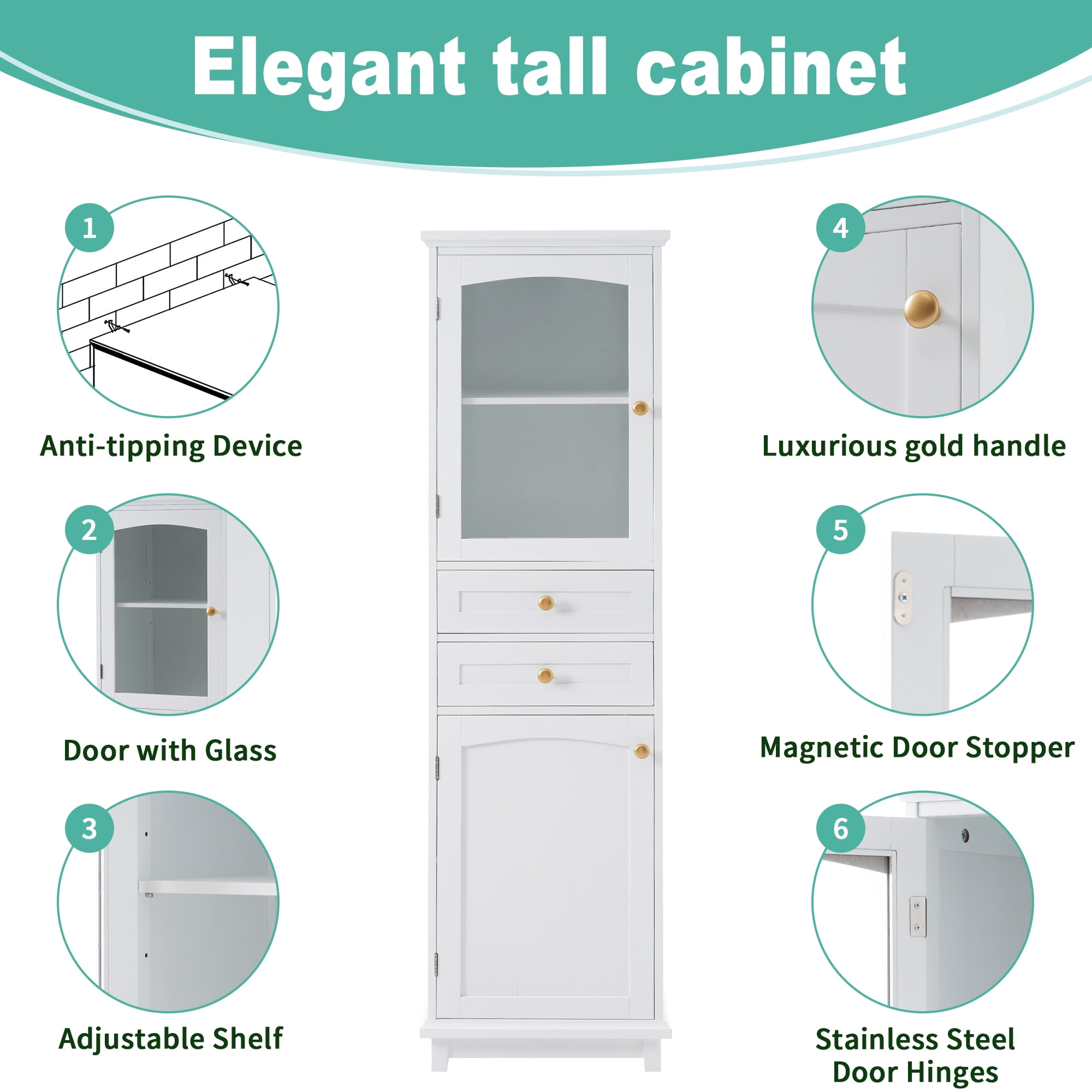 62"Tall Bathroom Storage Cabinet, Linen Closet with Glass Door,2 Drawers, Adjustable Shelves, Freestanding Wood Pantry Cabinet for Living Room,Kitchen