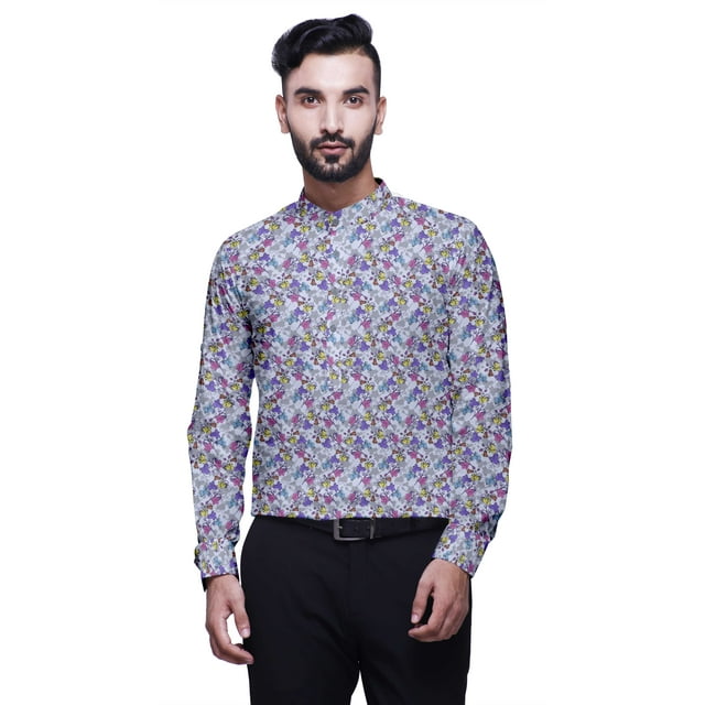 BESTMAN Chemises à Manches Retroussables Imprimées pour Hommes Kurta Courte Chemise à Col Mandarin